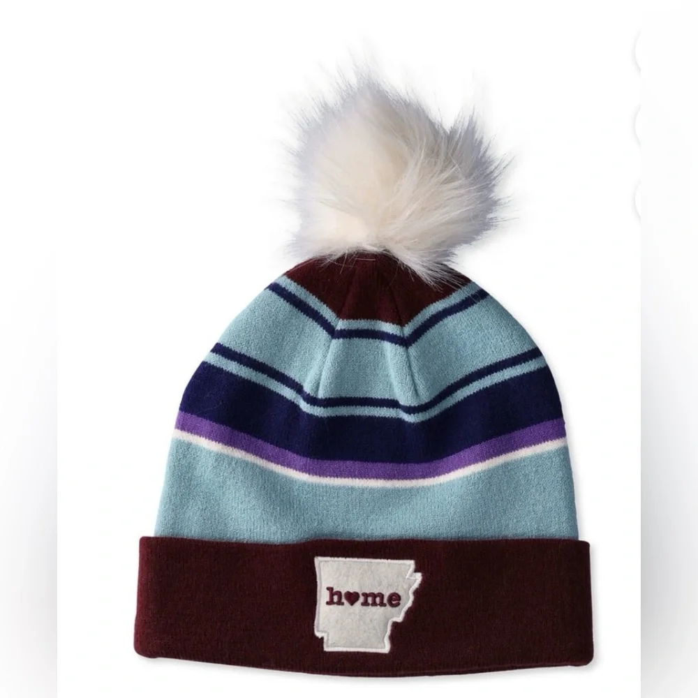 Home Free Arkansas Purple Striped Pom‎ Beanie NWT